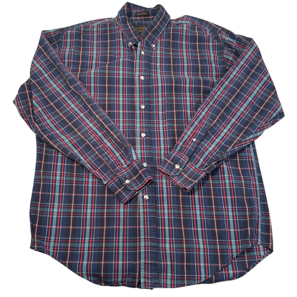 Eddie Bauer Marin Poplin Blue Red Plaid‎ Button Down Shirt Men's Long Sleeve - M
